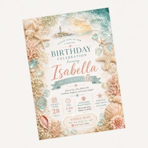 Può includere: Un invito di compleanno a tema costiero con un faro, onde del mare, conchiglie, stelle marine e coralli. Il testo recita: Birthday Celebration honoring Isabella is turning 5, Saturday June 28 2025, 2:00 PM, Oceanview Beach House.