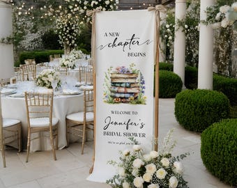 Letrero de bienvenida para despedida de soltera, pancarta "Comienza un nuevo capítulo", decoración floral de cuento de hadas