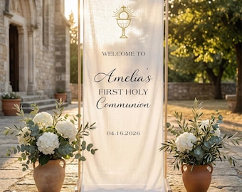 Bannière de première communion en lin personnalisée, toile de fond pour panneau de bienvenue catholique, bannière de communion