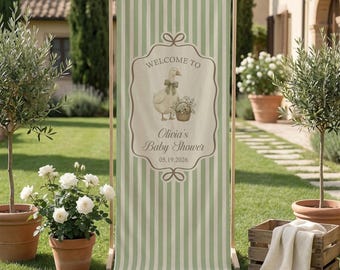 Bannière de bienvenue personnalisée pour baby shower, bannière personnalisée pour baby shower en lin et coton, toile de fond avec nom personnalisé pour événement, conception d'illustration d'oie