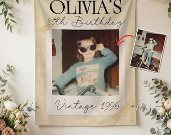 Bannière d'anniversaire photo personnalisée, décoration de fête vintage 1996, tapisserie en lin personnalisée