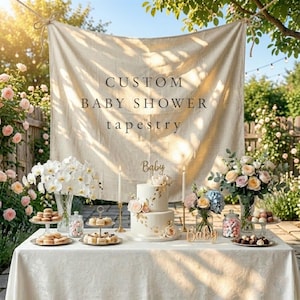 May include: A baby shower celebration with a custom tapestry backdrop. A two-tiered cake with floral accents sits on a table with cookies, flowers, and candles. The tapestry reads "CUSTOM BABY SHOWER tapestry".