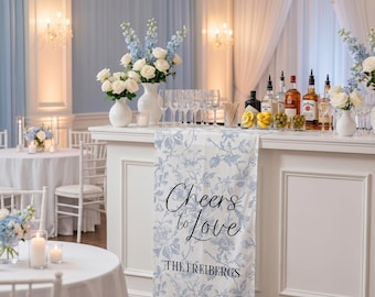 Wedding Bar Sign Linen, Personalized Bar Runner, Cheers to Love Sign, Custom Wedding Drink Station Decor, linen Bar Banner decor