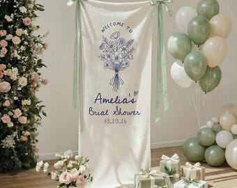 Bannière de bienvenue personnalisée pour la douche nuptiale, enseigne de fête en tissu, nom personnalisé date (12 x 40 po.)