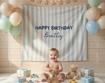 Happy Birthday striped Backdrop Personalized Birthday Name Banner, Birthday Banner, Custom Birthday Banner, Fabric Sign, Fabric Birtday Sign