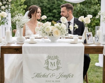 Personalized Wedding Table Runner, Custom Names and Date, Elegant Linen Table Decor for Reception, Head Table Banner, Bride Groom Name Sign