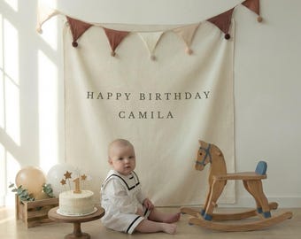 Bannière d'anniversaire en lin personnalisée, illustration d'oie rustique, décoration de chambre d'enfant