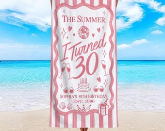 Serviette de plage personnalisée pour voyage d'anniversaire, voyage côtier, serviette de plage personnalisée, serviette de voyage d'anniversaire, cadeau d'anniversaire pour maman, vacances/anniversaire d'été