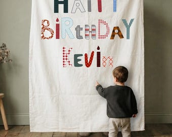 Bannière d'anniversaire en lin personnalisée, décoration de chambre d'enfant oie rustique, enseigne en tissu bohème
