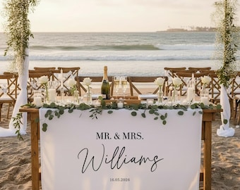 Custom Wedding Table Signs – Linen Fabric Sweetheart Table Runner, Personalized Reception Banner, Name Sign, Engagement Party