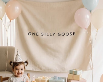 ONE SILLY GOOSE Birthday Decorations tapestry 1st Birthday Party banner Silly Goose Party Photo Backdrop Welcome Sign Custom Birthday decor