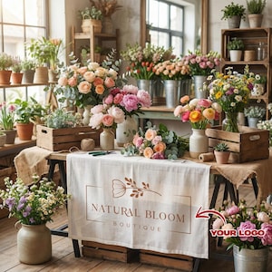 May include: A flower shop display featuring bouquets of roses, peonies, and other colorful blooms in vases and wooden crates. A table with a linen cloth displays the text "NATURAL BLOOM BOUTIQUE". The shop is filled with plants and flowers.