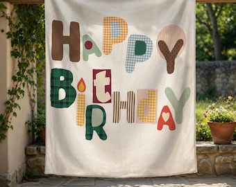 Bannière d'anniversaire personnalisée, enseigne peinte à la main en tissu de lin d'oie