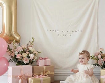 Bannière d'anniversaire en lin personnalisée | Tapisserie avec prénom personnalisé, décor de toile de fond minimaliste