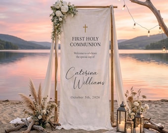 Bannière de première communion en lin personnalisée, toile de fond pour panneau de bienvenue catholique