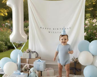 Tapisserie d'anniversaire personnalisée en lin | Toile de fond de fête personnalisée