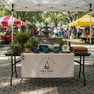 May include: A display of handmade pottery at an outdoor market. The table features various blue and green bowls, decorative plates, and wooden cutting boards. The table is covered with a linen cloth with the words "HANDMADE POTTERY" printed on it.