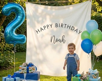 Bannière d'anniversaire personnalisée en lin, drapeau nominatif personnalisé, toile de fond pour collage de photos
