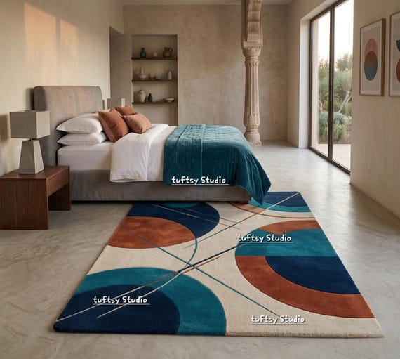 Mid Century Modern Geometric Wool Rug, Abstract Teal Orange Area Carpet.