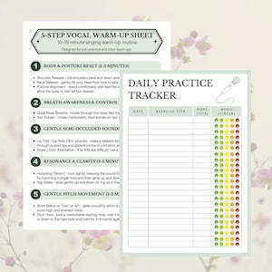 Op de afbeelding: Twee vellen papier. Eén is een zang-warming-up gids met een 5-stappen routine voor zangoefeningen. De andere is een dagelijkse oefentracker met secties voor datum, oefeningstype en stemming, ontworpen voor vocale oefeningen.