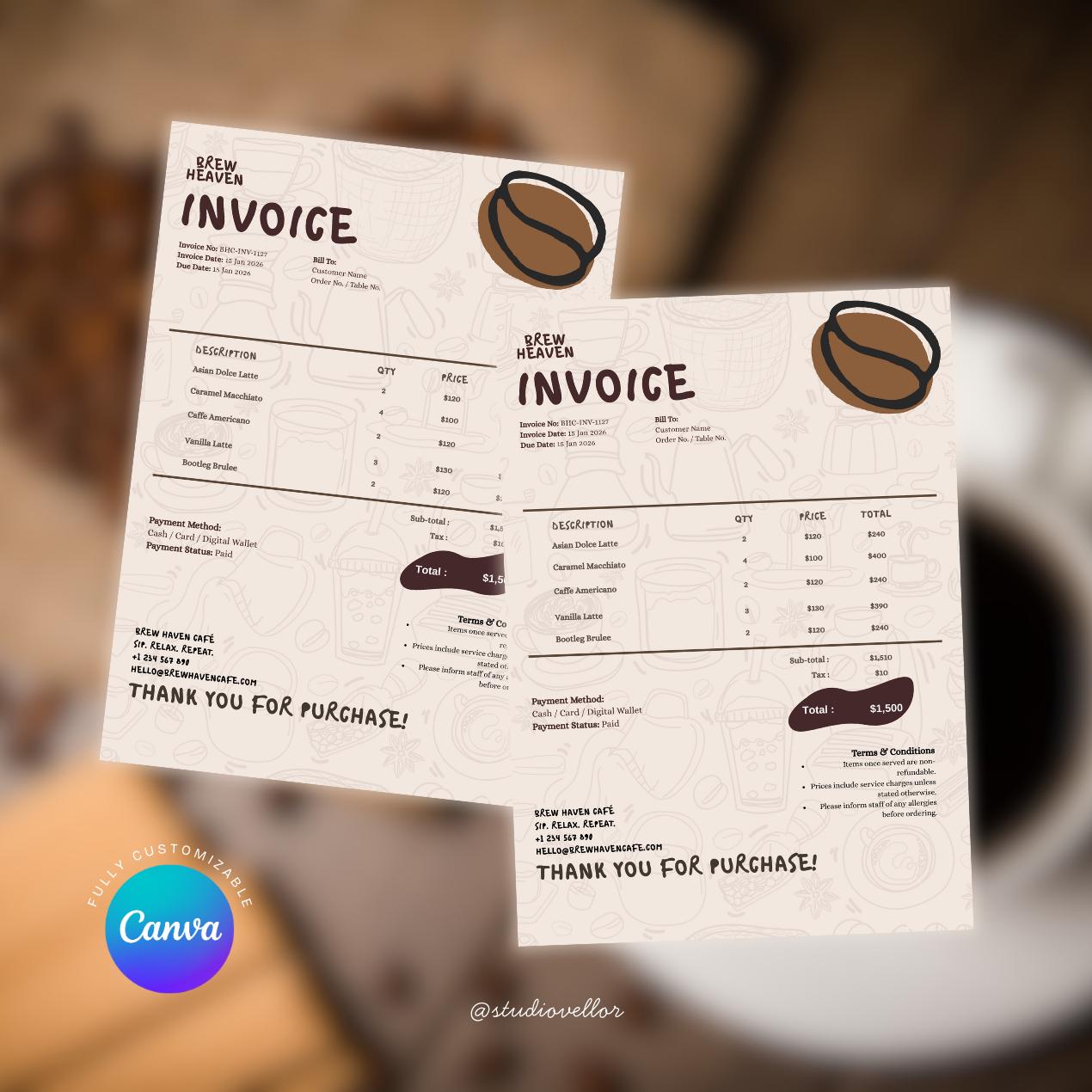 Editable Cafe Invoice Template | Coffee Shop Receipt | Small Business ...