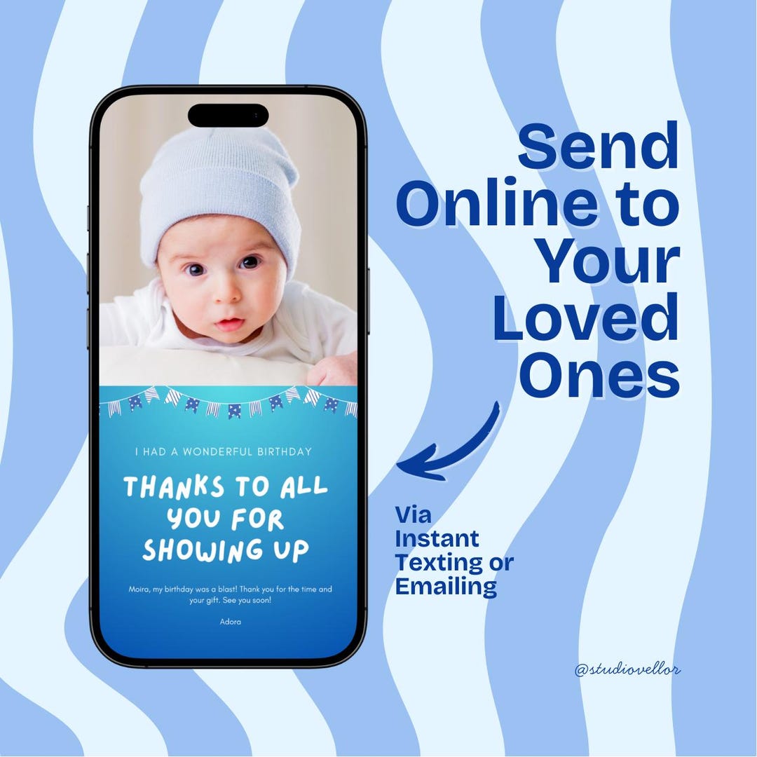 Blue Baby Birthday Thank You Card | Photo Card Template | Editable ...