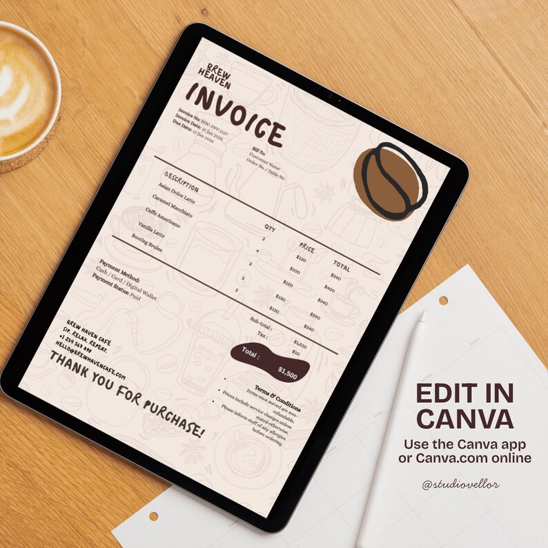 Editable Cafe Invoice Template | Coffee Shop Receipt | Small Business ...
