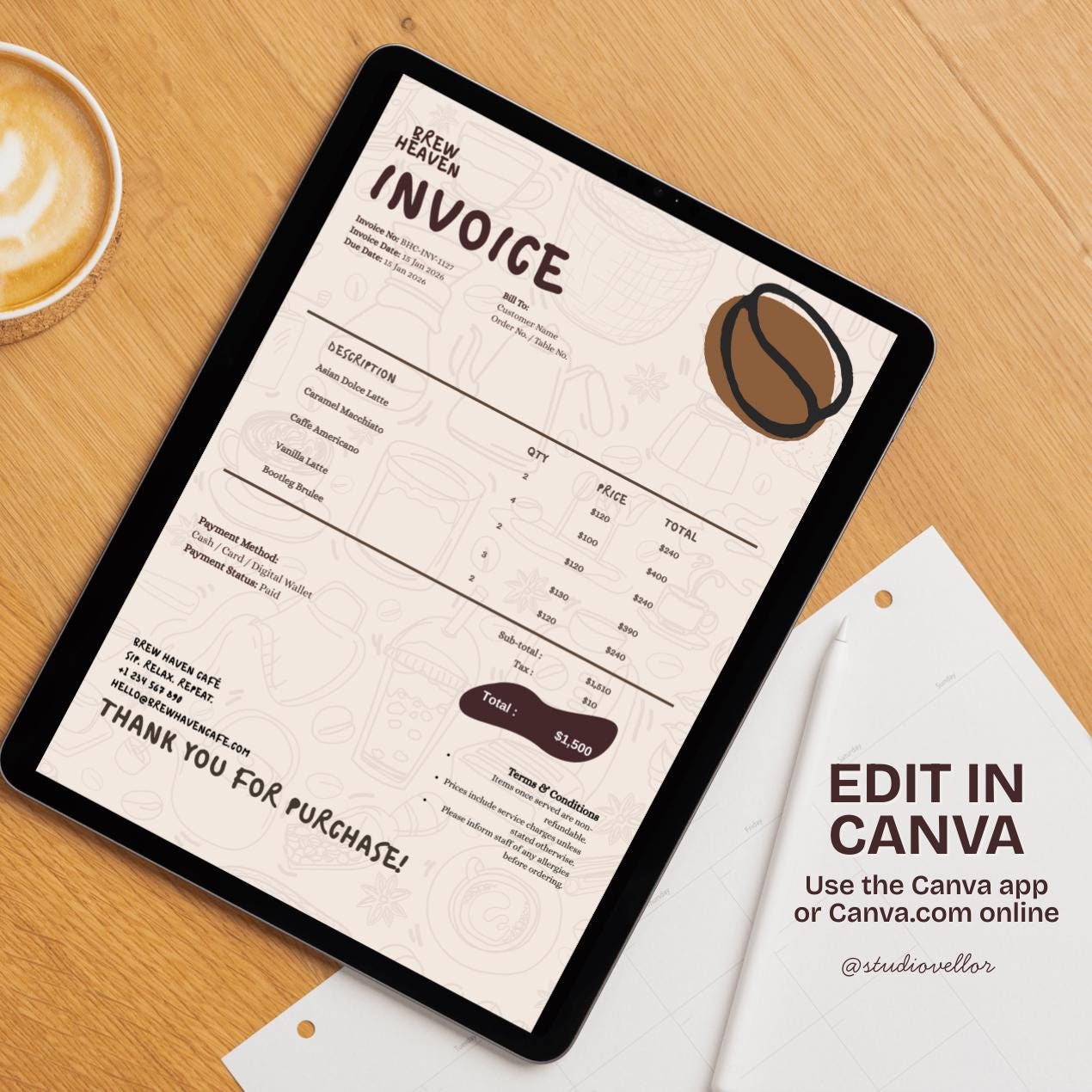 Editable Cafe Invoice Template | Coffee Shop Receipt | Small Business ...