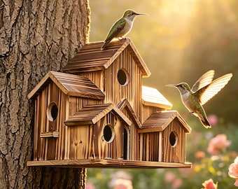 Multi-Hole Wooden Bird House,Handcrafted Hummingbird Nest,Garden Birdhouse Decor,Weatherproof Outdoor Bird Shelter,Gift for Bird Lovers