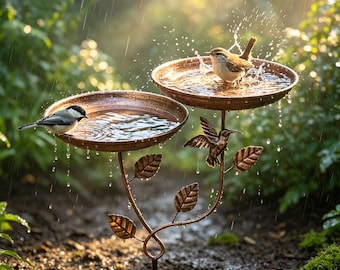 Double Tier Hummingbird Metal Bird Bath Garden Stake, Vintage Copper Outdoor Bird Water Feeder, Rustic Outdoor Yard Decor for Patio & Lawn