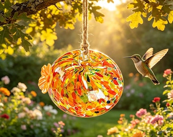 Hand Blown Glass Hummingbird Feeder, Hanging Bird Feeder, Outdoor Garden Decor, Colorful Glass Yard Art, Unique Gift for Bird Lovers