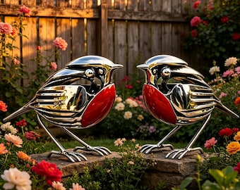 Handmade Metal Robin Garden Sculpture, Upcycled Silverware Bird Ornament, Unique Outdoor Yard Art Gift for Bird Lovers, patio ornament