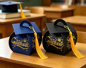 Graduation Cap Candy Box,Graduation Party Favor,30Pcs Graduation Treat Box,Black/Blue Gold Foil Gift Box for Grad Party,graduation gift