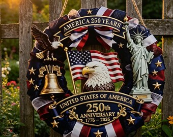 America 250th Anniversary Wood Wreath, Patriotic Door Sign, 1776-2026 Semiquincentennial Decor, 4th of July Front Door Sign