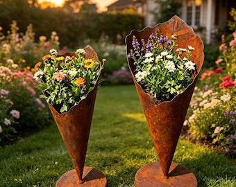 Rusted Iron Cone Planter,Tall Rustic Flower Pot,Outdoor Garden Decor,Corten Style Metal Planter,Yard Art Gift,Garden Lover Gift