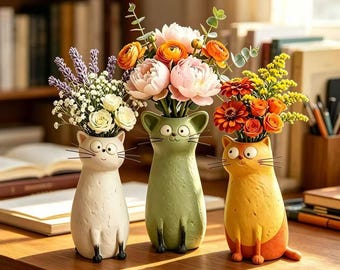 Handmade Resin Cat Vase,Whimsical Cat Planter,Cute Animal Vase for Flowers,Unique Home Decor,Cat Lover Gift,Cat Shaped Vase,office decor