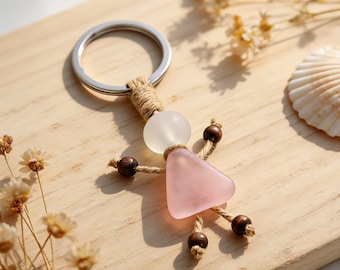Handmade Sea Glass Doll Keychain, Tumbled Beach Glass Boho Bag Charm, Ocean Lover Gift