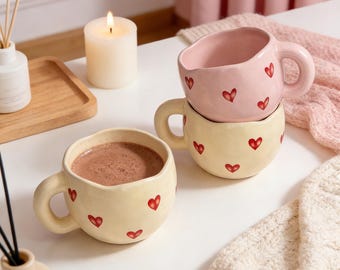 Heart Mug, Chunky Handle Ceramic Coffee Cup, Valentine's Day Gift