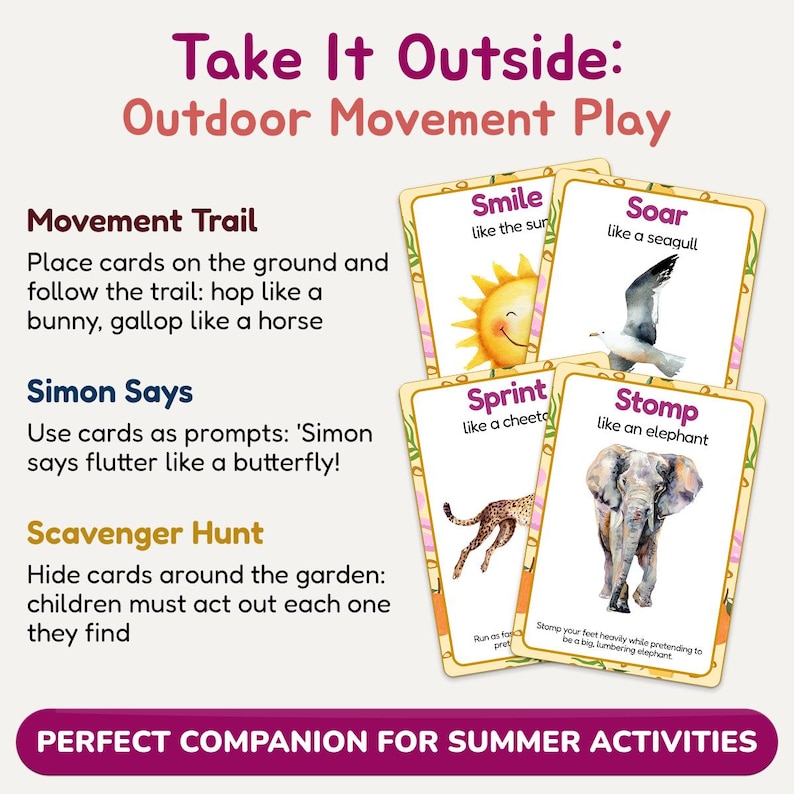 Printable Summer Movement Flashcards, 40 Animal Action Cards, Preschool Curriculum, Printable Montessori Cards, Summer Games Ideas image 5