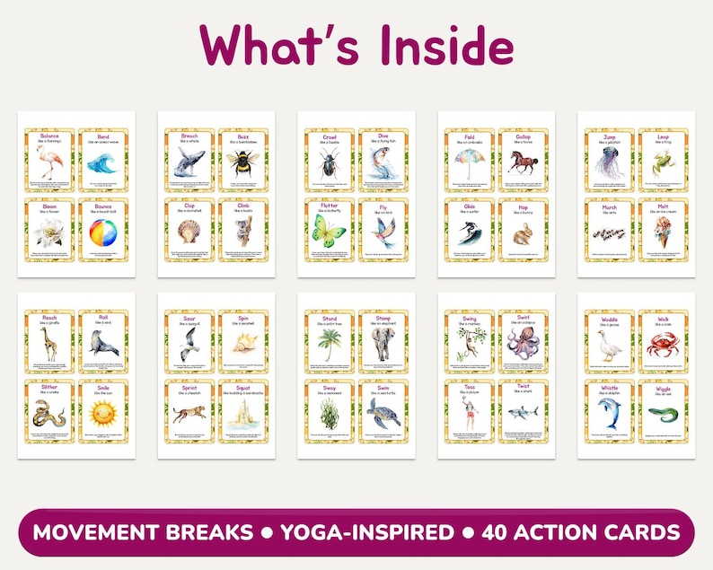 Printable Summer Movement Flashcards, 40 Animal Action Cards, Preschool Curriculum, Printable Montessori Cards, Summer Games Ideas image 2