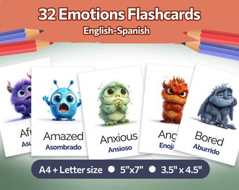Bilingual Emotions Flashcards English Spanish: 32 Feelings Cards SEL Learning