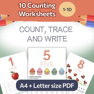 Op de afbeelding: Educatieve werkbladen voor het tellen en schrijven van de getallen 1-10. De werkbladen bevatten kleurrijke illustraties van een appel, cupcakes en lieveheersbeestjes. De tekst bevat "COUNT, TRACE AND WRITE" en "A4 + Letter size PDF".