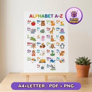 Può includere: Poster educativo dell'alfabeto A-Z con illustrazioni colorate di animali e oggetti. Include il testo "A4+LETTER • PDF + PNG" in basso e una grafica "+FREE BONUS".