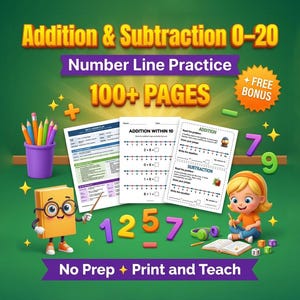 Puede incluir: Un gráfico educativo colorido para practicar la suma y la resta. La imagen presenta un personaje de libro de dibujos animados, hojas de trabajo, lápices y una niña con un libro. El texto incluye "Addition & Subtraction 0-20", "Number Line Practice".