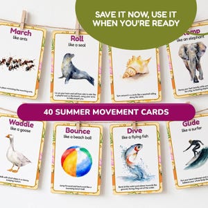 Printable Summer Movement Flashcards, 40 Animal Action Cards, Preschool Curriculum, Printable Montessori Cards, Summer Games Ideas image 10