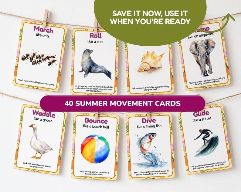 Printable Summer Movement Flashcards, 40 Animal Action Cards, Preschool Curriculum, Printable Montessori Cards, Summer Games Ideas image 10