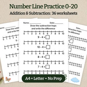 May include: White worksheets for number line practice, featuring addition and subtraction problems. Each worksheet includes number lines from 0 to 20, with space to write answers. The text "Number Line Practice 0-20" is at the top.