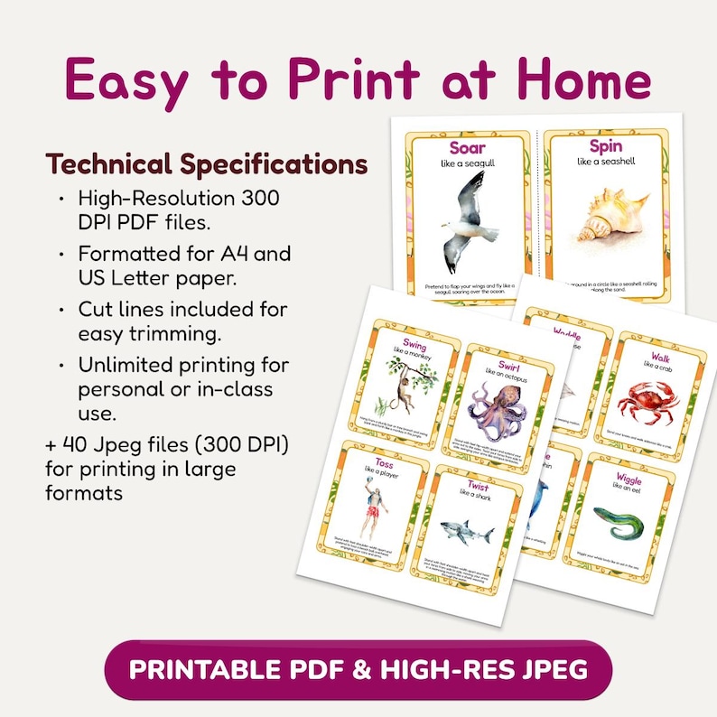 Printable Summer Movement Flashcards, 40 Animal Action Cards, Preschool Curriculum, Printable Montessori Cards, Summer Games Ideas image 6