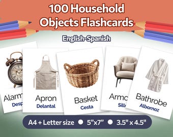 Bilingual Household Objects Flashcards English Spanish: 100 Vocabulary Learning Cards