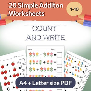 May include: Educational worksheets for simple addition, featuring colorful illustrations of apples, flowers, and dinosaurs. The worksheets include the text "COUNT AND WRITE" and are designed for children learning basic math skills. The text "A4 + Letter size PDF" is also included.